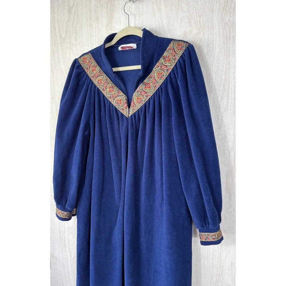Vintage Vanity Fair Velour Robe Women's L Navy Blue Zip Housecoat‎ Cozy Lounge